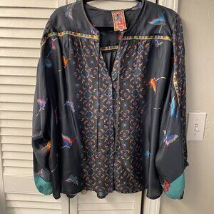 Johnny Was Butterfly 100% Silk Top Gray Blouse - Size X-Large